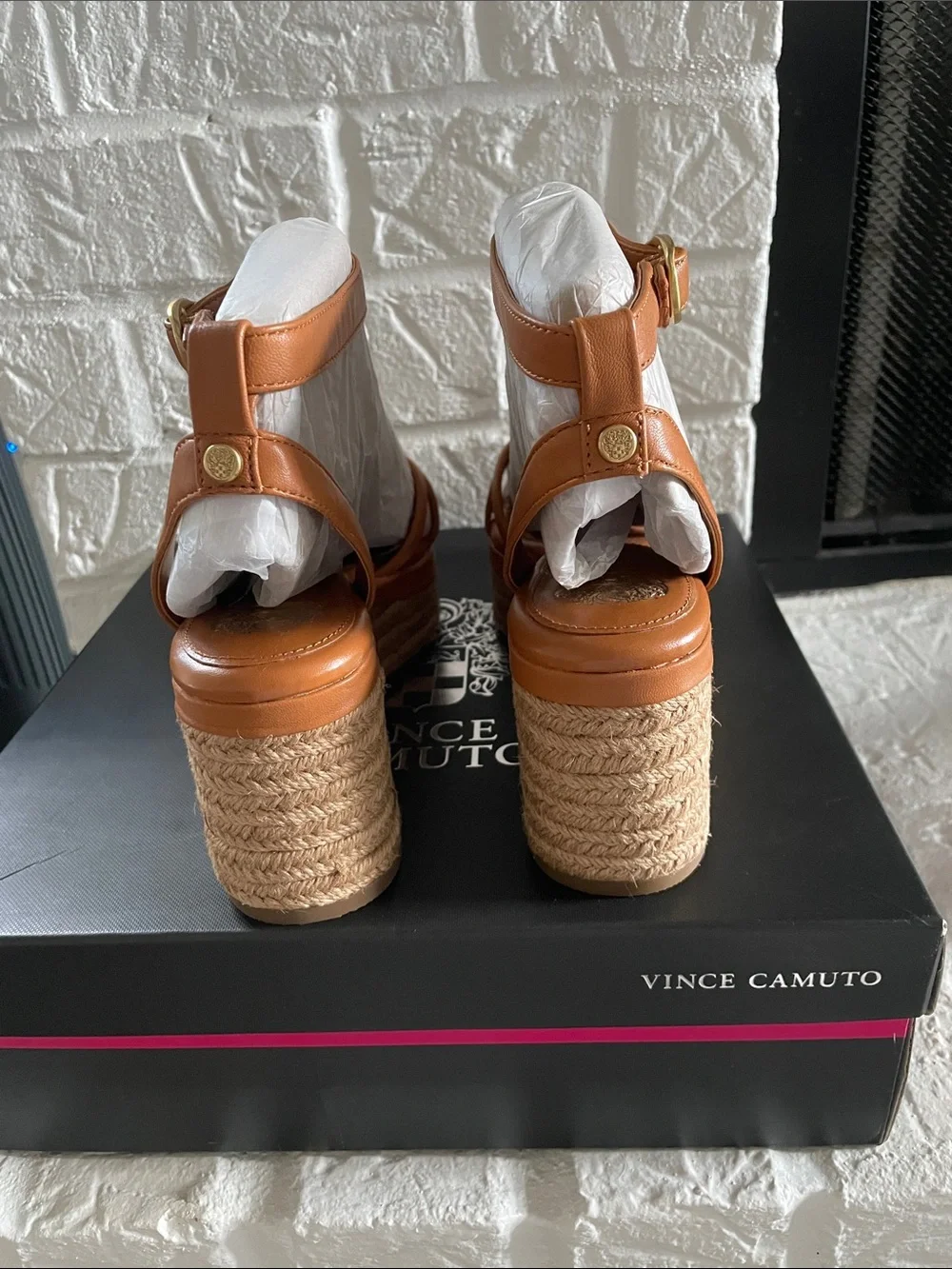 Vince Camuto Cognac Leather Knot-Front Platform Espadrilles